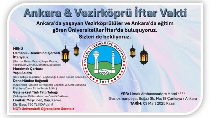 ANKARA & VEZİRKÖPRÜ İFTAR VAKTİ 
